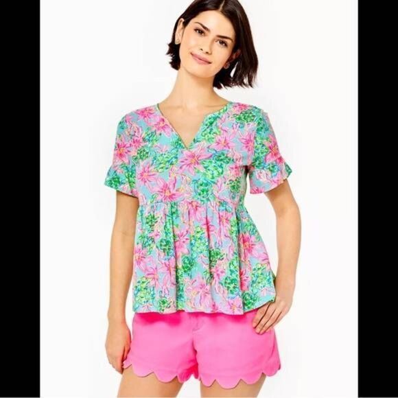 Lilly Pulitzer Jodee Peplum Top So Shellegant Turtle Coastal Pink Green - Picture 1 of 5